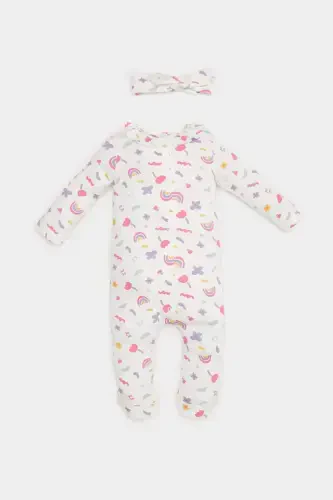 Girl Baby Newborn 2-Piece Romper Rainbow Print Waffle Long Sleeve Romper Headband E2379a525sp - 1