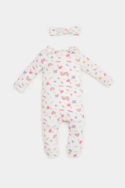 Girl Baby Newborn 2-Piece Romper Rainbow Print Waffle Long Sleeve Romper Headband E2379a525sp - 1