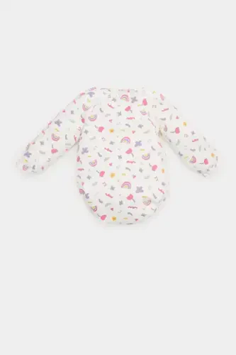 Girl Baby Newborn Bicycle Rainbow Print Waffle Long Sleeve Snap Bodysuit Ecru - DEFACTO (1)