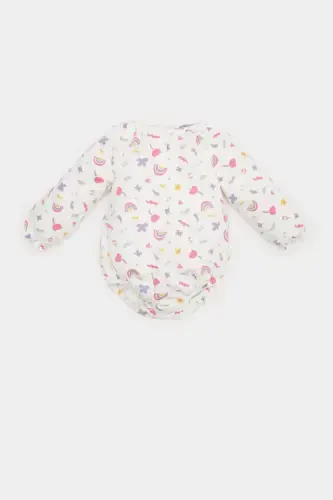 Girl Baby Newborn Bicycle Rainbow Print Waffle Long Sleeve Snap Bodysuit Ecru - 3