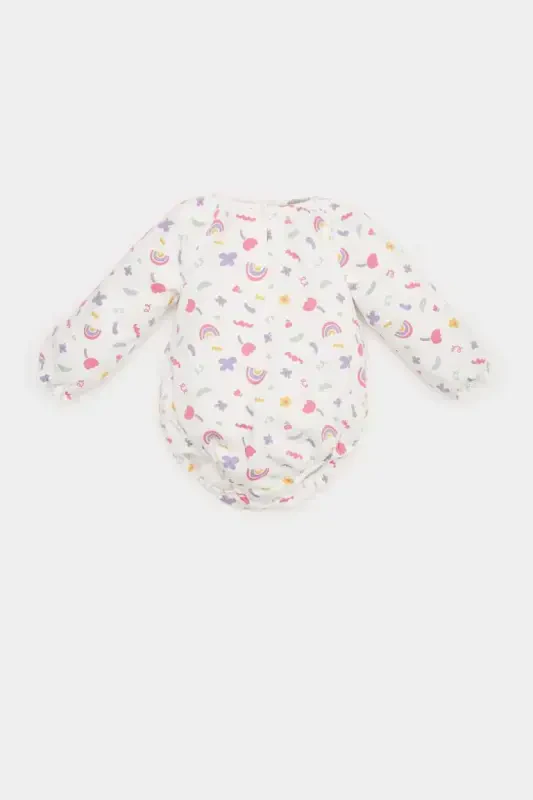 Girl Baby Newborn Bicycle Rainbow Print Waffle Long Sleeve Snap Bodysuit Ecru - 3