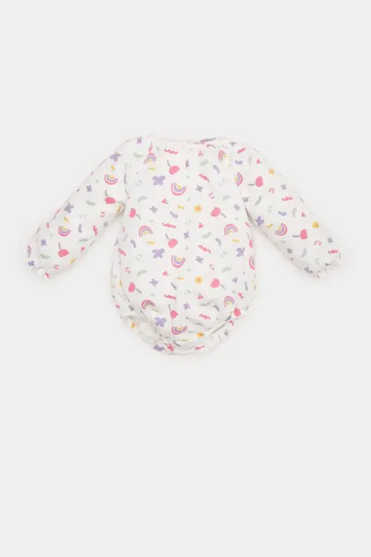 Girl Baby Newborn Bicycle Rainbow Print Waffle Long Sleeve Snap Bodysuit Ecru - 3