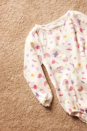 Girl Baby Newborn Bicycle Rainbow Print Waffle Long Sleeve Snap Bodysuit Ecru - 6