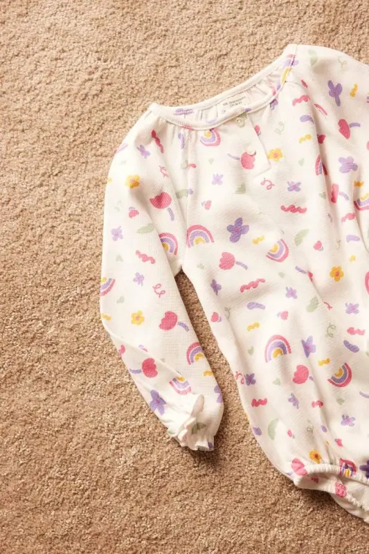 Girl Baby Newborn Bicycle Rainbow Print Waffle Long Sleeve Snap Bodysuit Ecru - 6