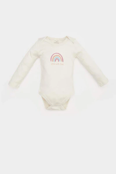 Girl Baby Newborn Crew Neck Rainbow Print Long Sleeve Snap Bodysuit-Ecru - DEFACTO