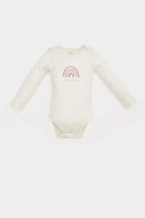Girl Baby Newborn Crew Neck Rainbow Print Long Sleeve Snap Bodysuit-Ecru - 1