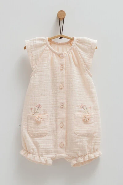 GIRL BABY ROMPER 100% COTTON DOUBLE POCKET FLOWER DETAILED 2025 SUMMER SEASON - CARAMELL