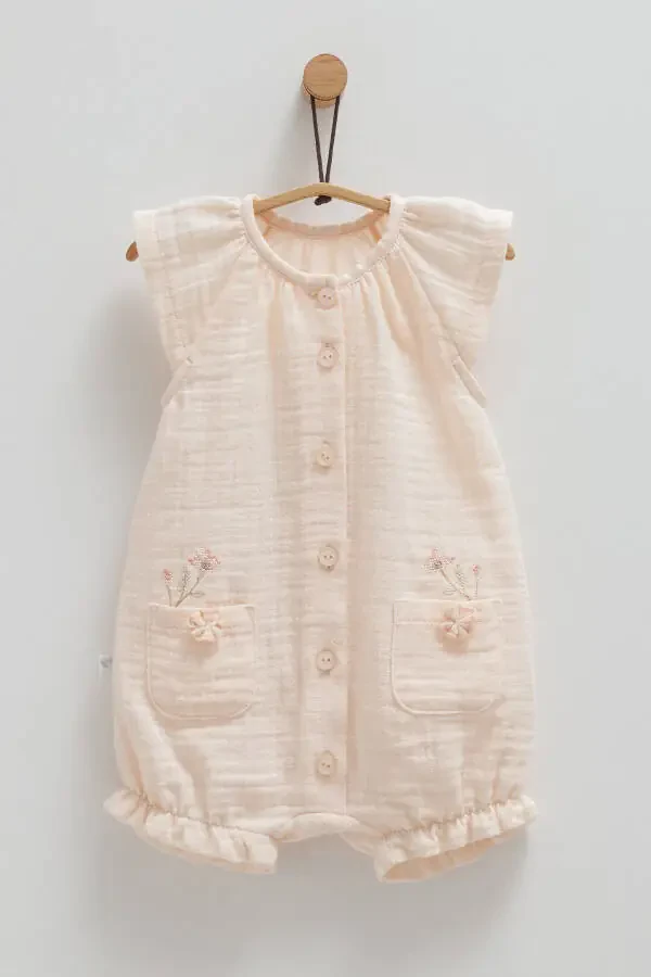 GIRL BABY ROMPER 100% COTTON DOUBLE POCKET FLOWER DETAILED 2025 SUMMER SEASON - 1