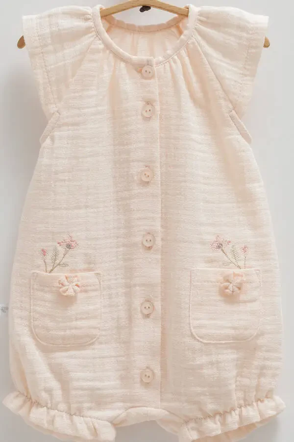 GIRL BABY ROMPER 100% COTTON DOUBLE POCKET FLOWER DETAILED 2025 SUMMER SEASON - 2