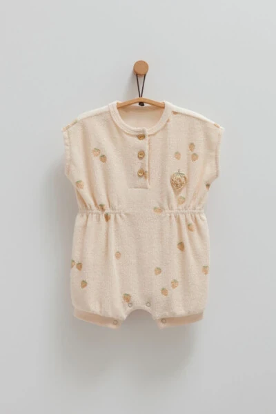 GIRL BABY ROMPER 100% COTTON STRAWBERRY PATTERNED WITH SNAPS FROM THE BOTTOM 2025 SUMMER SEASON - CARAMELL