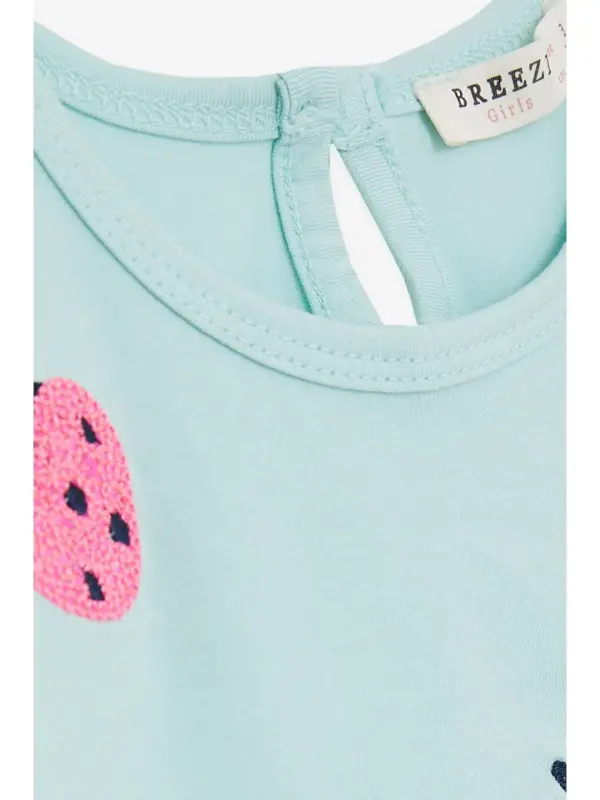 Girl Baby T-Shirt Sequin Colorful Strawberry Print Aquamarine (1.5 Age)-Turquoise - 3