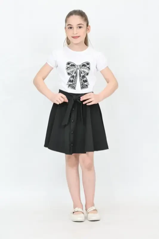 Girl Bow Pattern Embroidered Black Button Detail Skirt Suit April 23 October 29 Show Outfit-Black Black3 - AMAZON EV