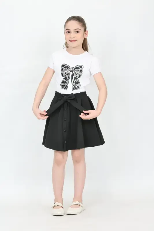 Girl Bow Pattern Embroidered Black Button Detail Skirt Suit April 23 October 29 Show Outfit-Black Black3 - 2