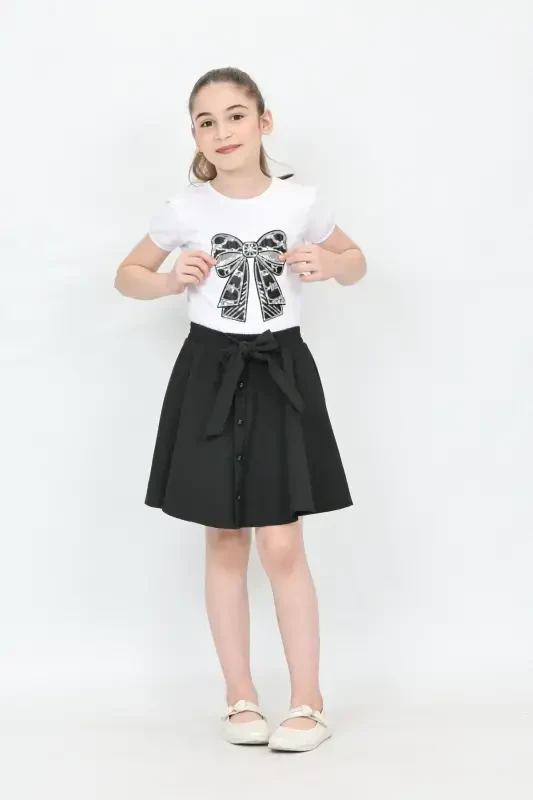 Girl Bow Pattern Embroidered Black Button Detail Skirt Suit April 23 October 29 Show Outfit-Black Black3 - 3