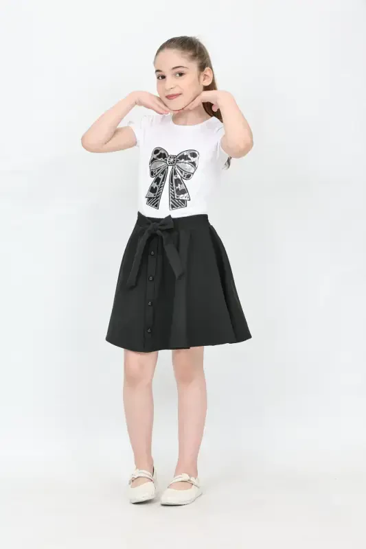 Girl Bow Pattern Embroidered Black Button Detail Skirt Suit April 23 October 29 Show Outfit-Black Black3 - 4
