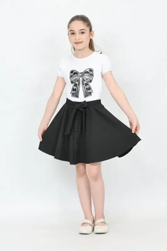 Girl Bow Pattern Embroidered Black Button Detail Skirt Suit April 23 October 29 Show Outfit-Black Black3 - 6