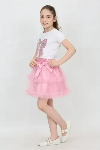 Girl Bow Pattern T-Shirt Ruffle Detail Pink Skirt Set April 23 October 29 Show Outfit-Pink Pink3 - AMAZON EV (1)