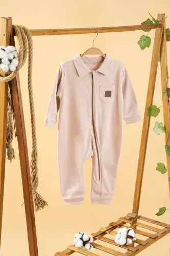 Girl Boy Baby Pink Plain Seasonal Cotton Jumpsuit Pocketed Zippered-Pink - 1