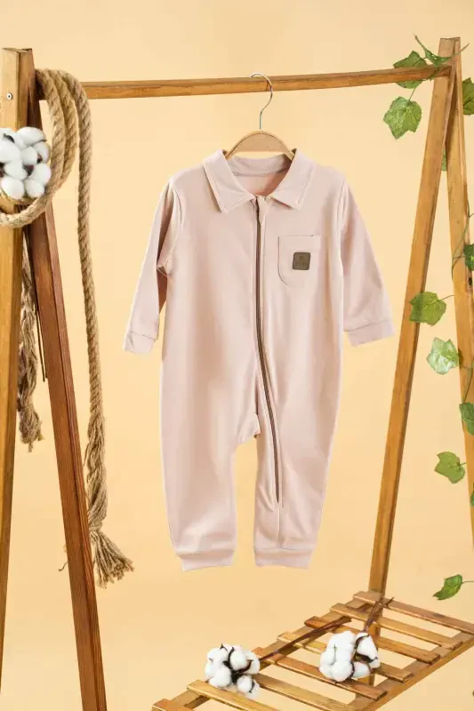 Girl Boy Baby Pink Plain Seasonal Cotton Jumpsuit Pocketed Zippered-Pink - 1