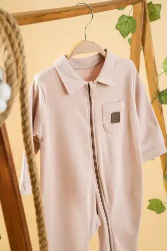 Girl Boy Baby Pink Plain Seasonal Cotton Jumpsuit Pocketed Zippered-Pink - 3