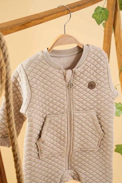 Girl Boy Baby Stone Quilted Cotton Jumpsuit with Pockets F - 1