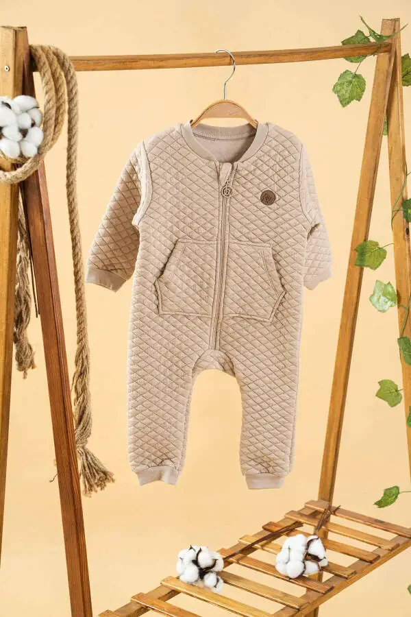 Girl Boy Baby Stone Quilted Cotton Jumpsuit with Pockets F - 2