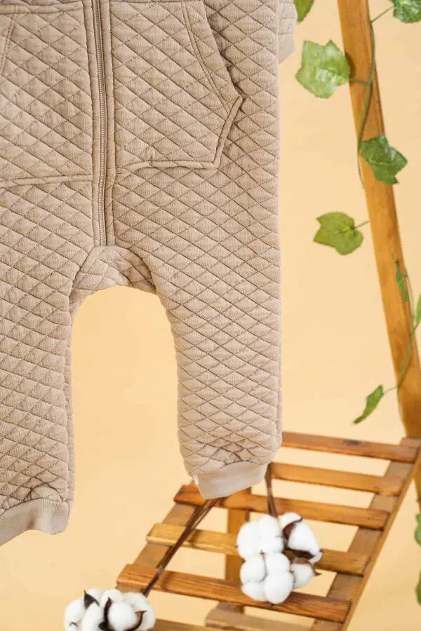 Girl Boy Baby Stone Quilted Cotton Jumpsuit with Pockets F - 3