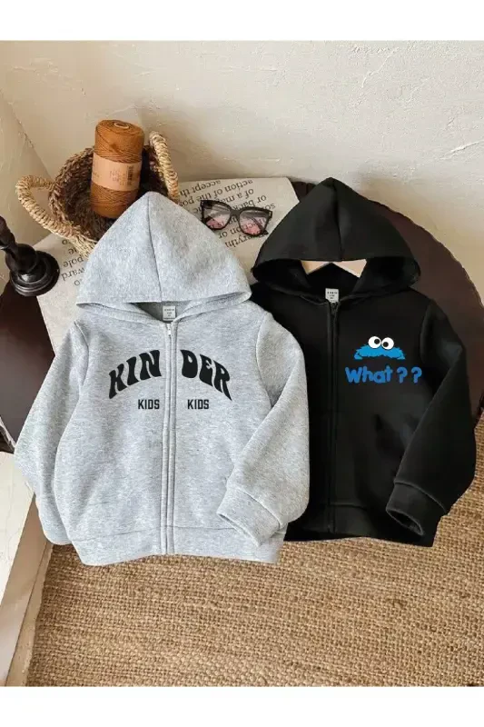 Girl-Boy Child 2-Pack Gray-Black Kinder Kids-What Printed Plush Zippered Cardigan-3GRİ - MORNİNG KİDS