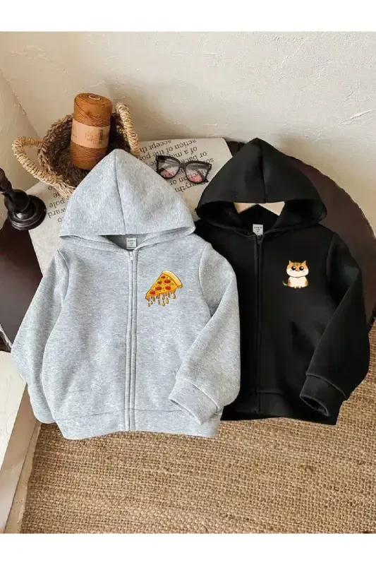 Girl-Boy Child 2-Pack Gray-Black Pizza-Dessert Kitten Printed Brushed Zippered Cardigan-3black - MORNİNG KİDS