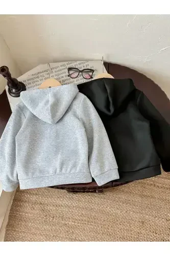 Girl-Boy Child 2-Pack Gray-Black Pizza-Dessert Kitten Printed Brushed Zippered Cardigan-3black - MORNİNG KİDS (1)