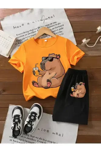 Girl-Boy Child Glasses Capy Bara Printed Orange-Black Shorts T-Shirt Set-Orange - 1