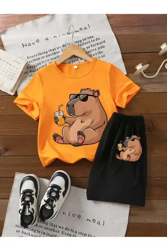 Girl-Boy Child Glasses Capy Bara Printed Orange-Black Shorts T-Shirt Set-Orange - LOUİSA