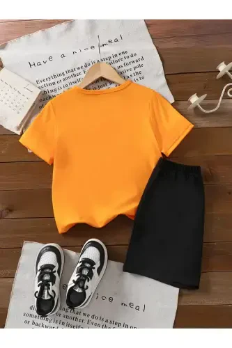Girl-Boy Child Glasses Capy Bara Printed Orange-Black Shorts T-Shirt Set-Orange - LOUİSA (1)