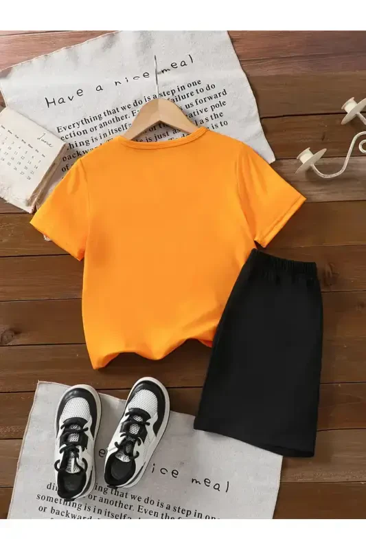 Girl-Boy Child Glasses Capy Bara Printed Orange-Black Shorts T-Shirt Set-Orange - 2