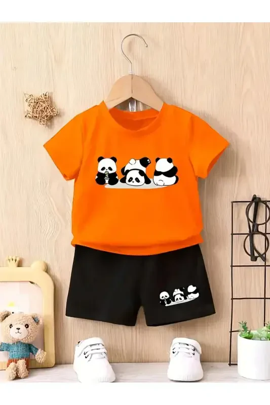 Girl-Boy Child Little Pandas Printed Orange-Black Shorts T-shirt Set-Orange - LOUİSA