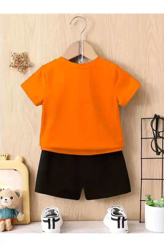 Girl-Boy Child Little Pandas Printed Orange-Black Shorts T-shirt Set-Orange - 2