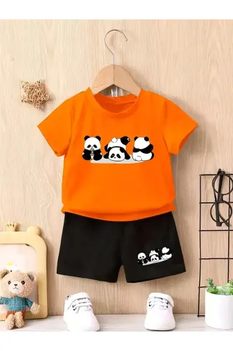 Girl-Boy Child Little Pandas Printed Orange-Black Shorts T-shirt Set-Orange 