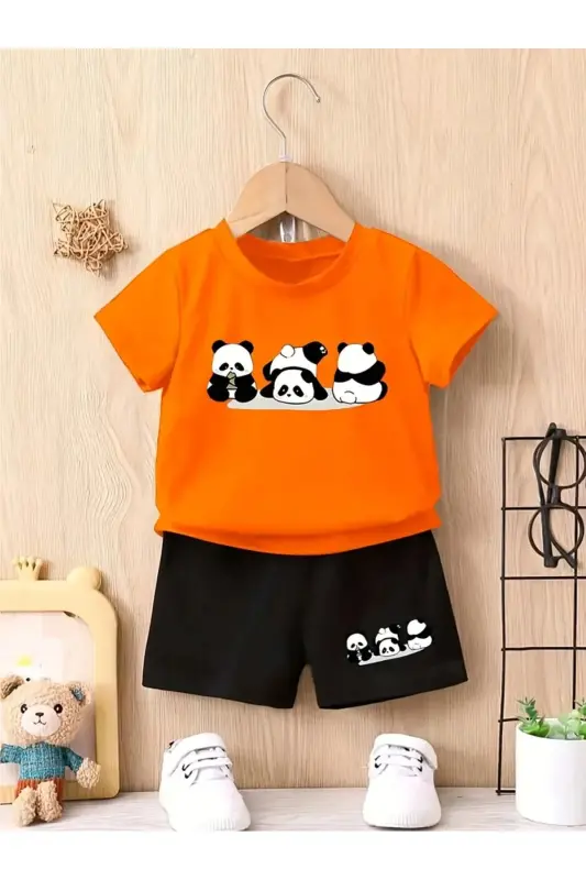 Girl-Boy Child Little Pandas Printed Orange-Black Shorts T-shirt Set-Orange - 1
