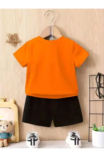 Girl-Boy Child Little Pandas Printed Orange-Black Shorts T-shirt Set-Orange - LOUİSA (1)