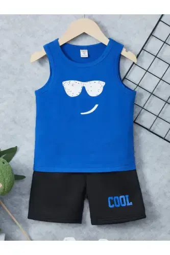 Girl-Boy Child Sax Blue Cool Printed Sleeveless T-Shirt-Short Set-saxblue1 - 1