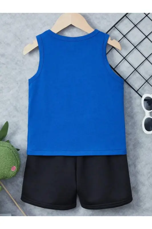 Girl-Boy Child Sax Blue Cool Printed Sleeveless T-Shirt-Short Set-saxblue1 - 2