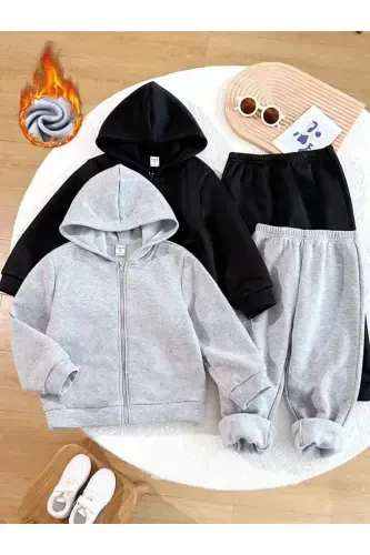 Girl-Boy Kids 4-Pack Grey-Black Fleece Zippered Cardigan-Tracksuit Set-4BlackGrey4 - 1