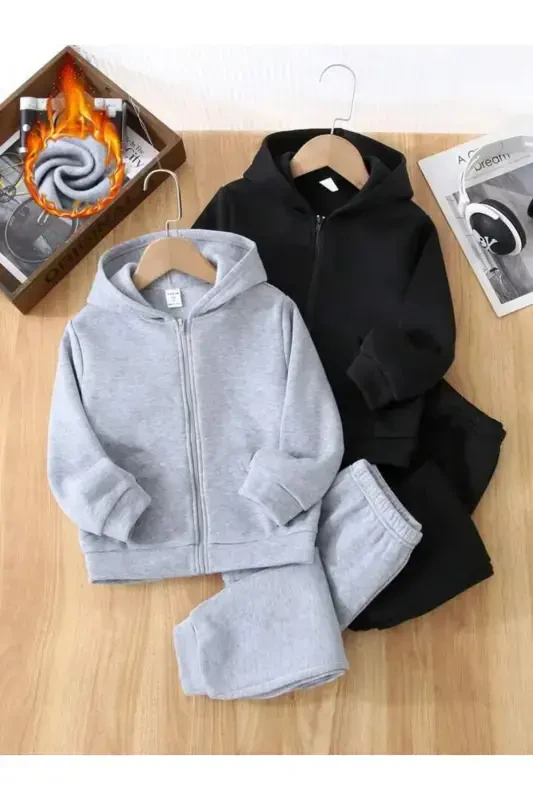 Girl-Boy Kids 4-Pack Grey-Black Fleece Zippered Cardigan-Tracksuit Set-4BlackGrey4 - 2