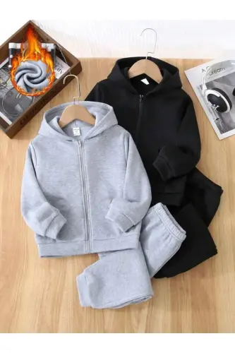 Girl-Boy Kids 4-Pack Grey-Black Fleece Zippered Cardigan-Tracksuit Set-4BlackGrey4 - MORNİNG KİDS (1)