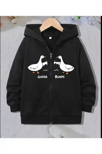 Girl-Boy Kids Black Fleece Goose-Bumps Geese Printed Zippered Cardigan-GooseBLACK - 1