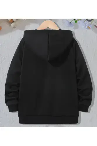 Girl-Boy Kids Black Fleece Goose-Bumps Geese Printed Zippered Cardigan-GooseBLACK - MORNİNG KİDS (1)