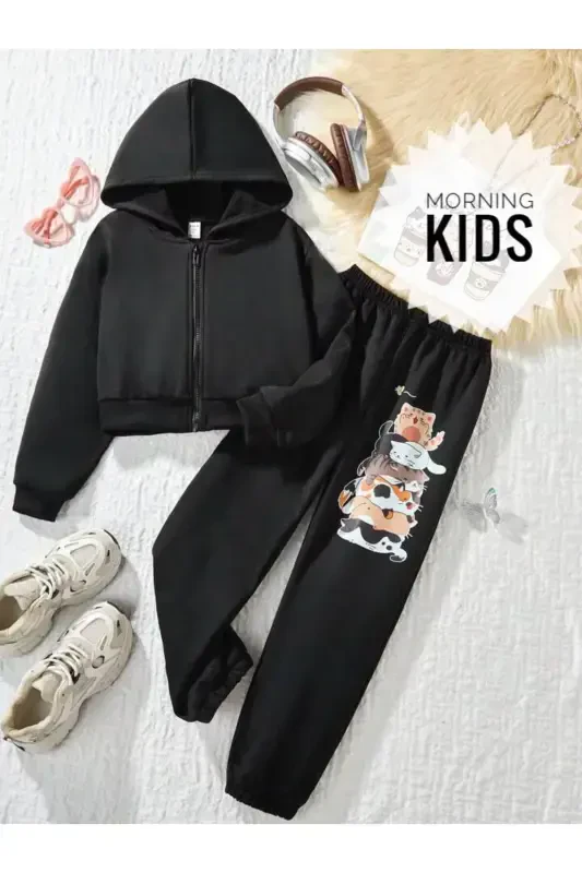 Girl-Boy Kids Black Hooded Zippered Naughty Cats Printed Fleece Cardigan-Sweatpants Set-BLK - MORNİNG KİDS