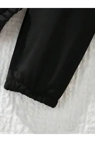 Girl-Boy Kids Black Hooded Zippered Naughty Cats Printed Fleece Cardigan-Sweatpants Set-BLK - 3