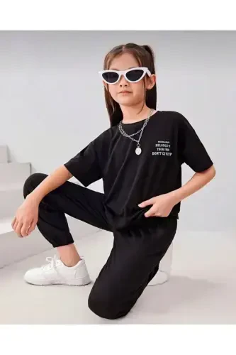 Girl-Boy Kids Black Printed T-Shirt-Tracksuit Set-BLACK - 1