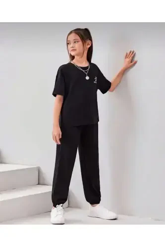 Girl-Boy Kids Black Printed T-Shirt-Tracksuit Set-BLACK - MORNİNG KİDS (1)